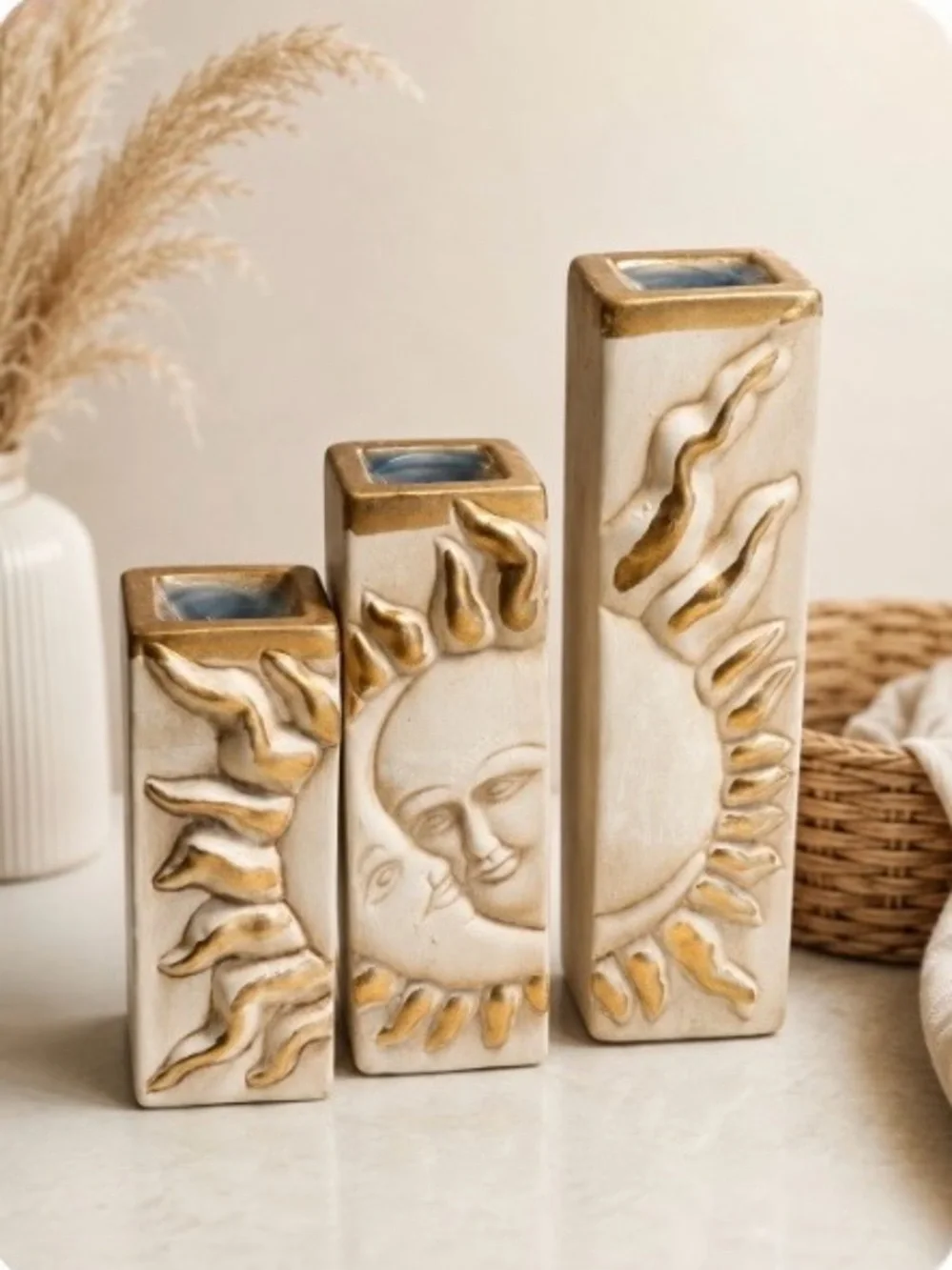 Vintage 90s Reversible Celestial Sun Moon Candle Holders Set of 3 Whimsigoth
